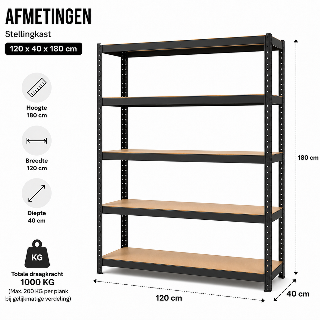 Stellingkast - Metaal - Zwart - 120 x 40 x 180 cm