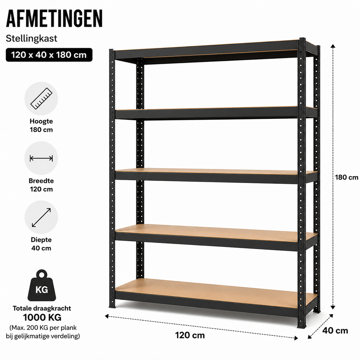 Stellingkast - Metaal - Zwart - 120 x 40 x 180 cm
