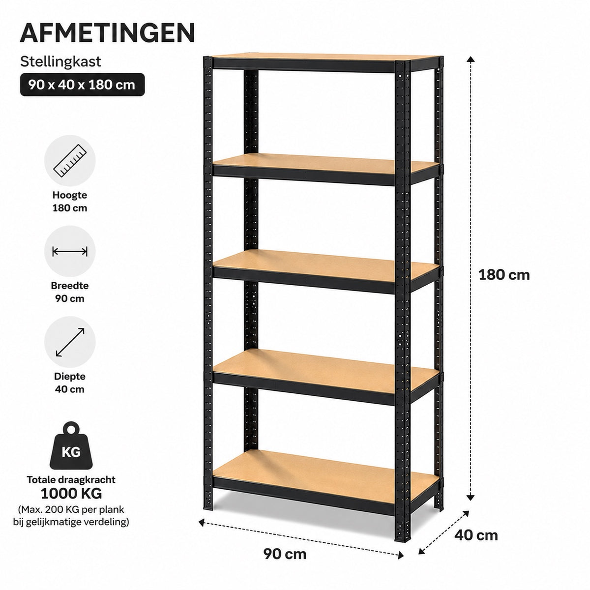 Stellingkast - Metaal - Zwart - 90 x 40 x 180 cm