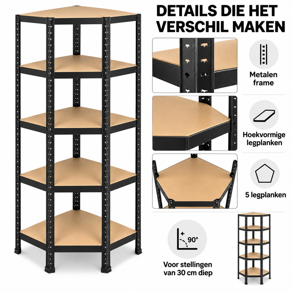 Stellingkast - Hoek - Metaal - Zwart - 70 x 70 x 180 cm