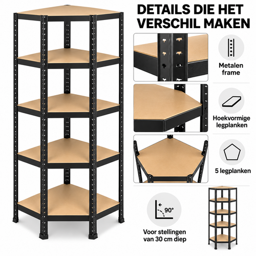 Stellingkast - Hoek - Metaal - Zwart - 70 x 70 x 180 cm