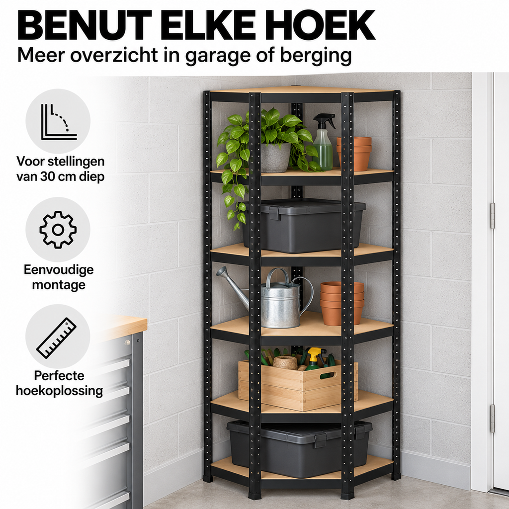 Stellingkast - Hoek - Metaal - Zwart - 70 x 70 x 180 cm